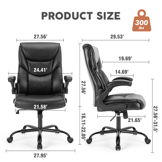 PU Leather Office Chair With Adjustable Flip-up Armrest,Lumbar Support, Strong Metal Base